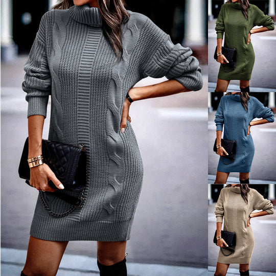 Damen Strickkleid mit hohem Kragen und Kordelmuster EB