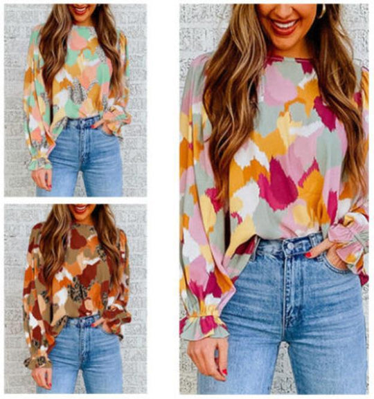 Damen Bluse mit künstlerischem Druck und gerafften Manschetten EB