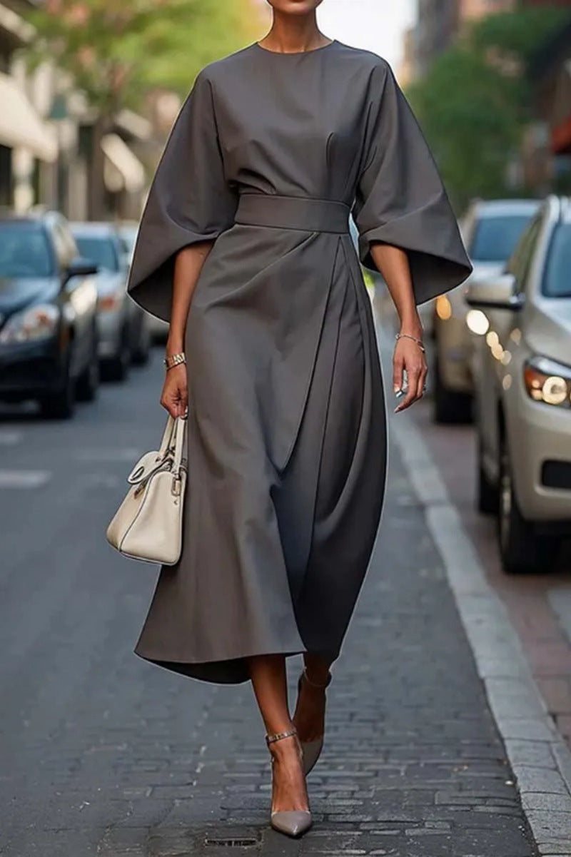 Damen Maxikleid mit eleganten Puffärmeln und Taillengürtel EB