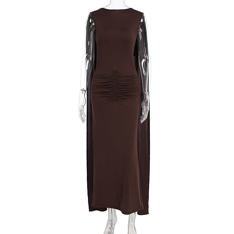 Damen Elegantes Maxikleid mit Raffungen und transparenten Ärmeln EB