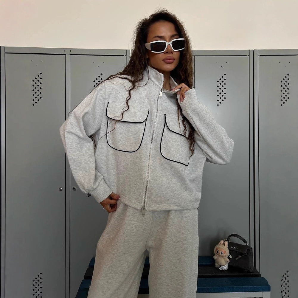 Damen sportliches Fleece-Set mit modischen Kontrasten und praktischen Taschen EB
