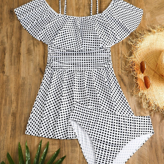 Damen Badeanzug-Set mit Rüschendetails und elegantem Karomuster EB