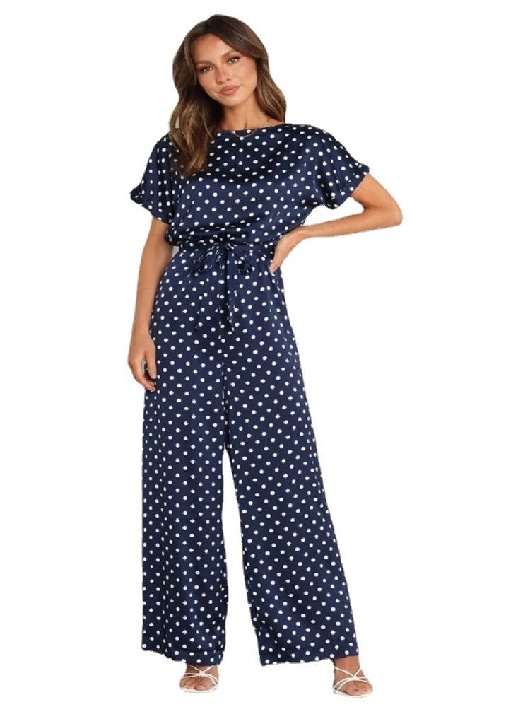 Damen Satin Jumpsuit mit weitem Bein und Taillengürtel EB