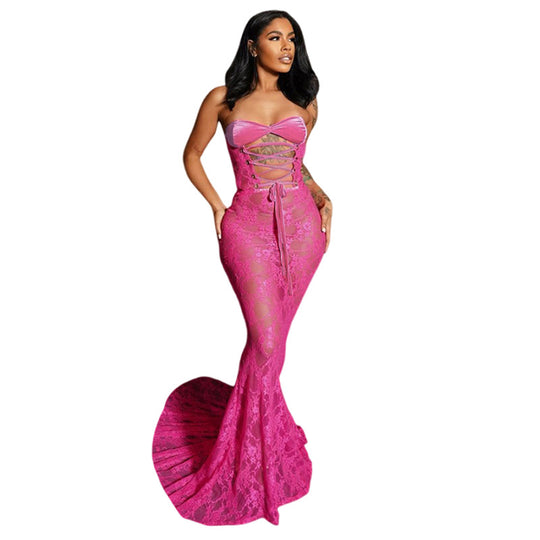Damen Strapless Spitzenkleid mit raffinierter Schnürung EB