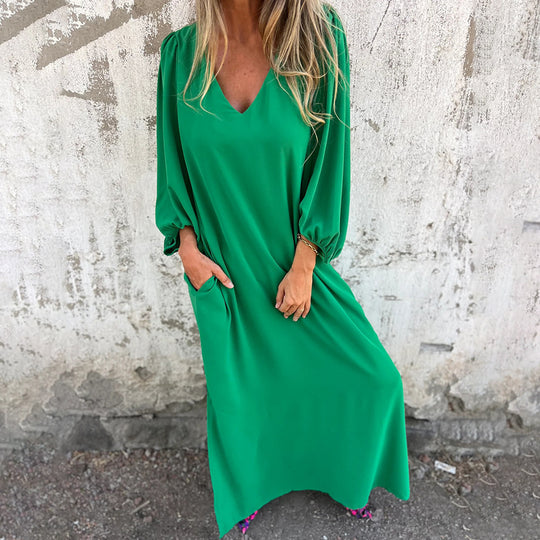 Damen Maxi-Kleid mit eleganten Puffärmeln und seitlichen Schlitzen EB