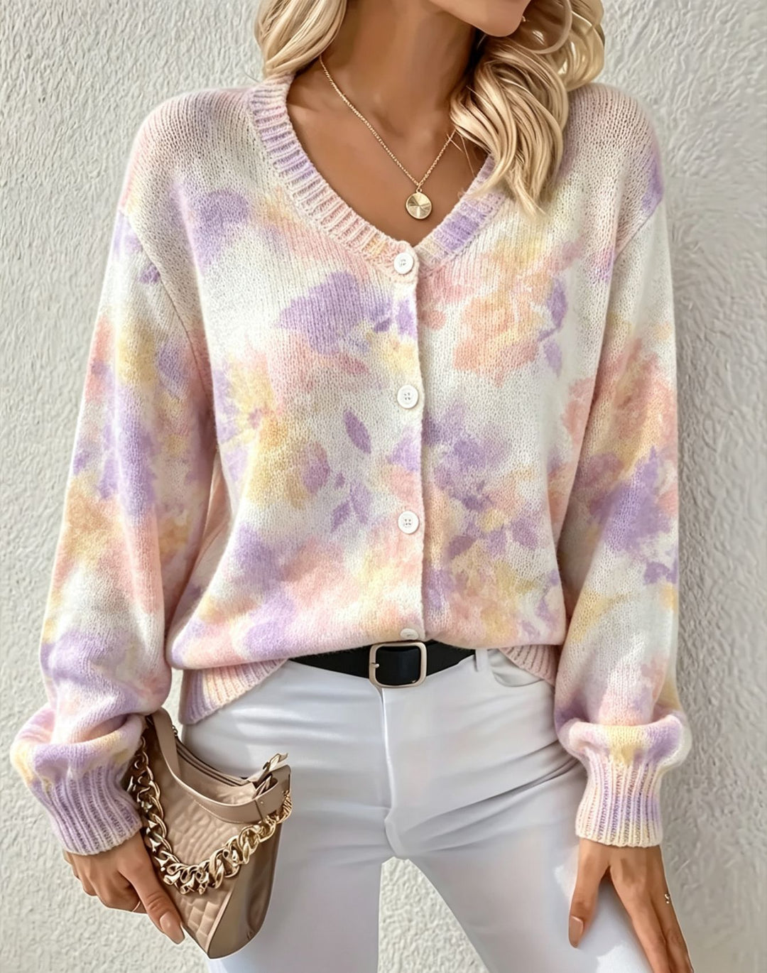 Damen Leichter Jacquard‑Strickcardigan mit Leo‑Print, Rundhalsausschnitt und Knopfleiste EB