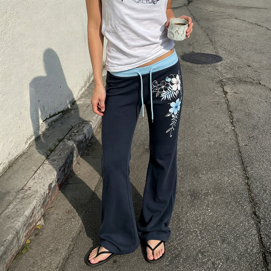 Damen nan ausgestellte Loungehose mit hohem Stretchbund, Kordelzug und floralem Druck EB