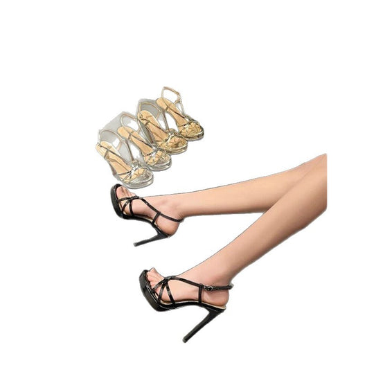 Damen Plateau High Heel Sandalen mit funkelndem Riemendesign EB