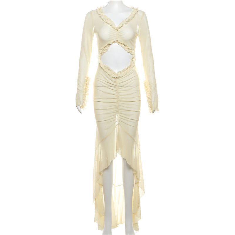 Damen Maxikleid mit raffinierten Rüschen und innovativem Cut-Out-Design EB