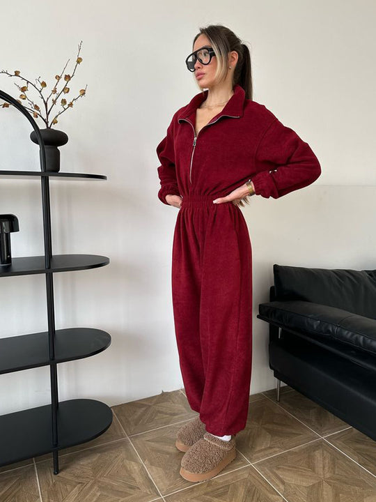 Damen kuscheliger Plüsch-Jumpsuit mit halbem Reißverschluss und elastischer Taille EB