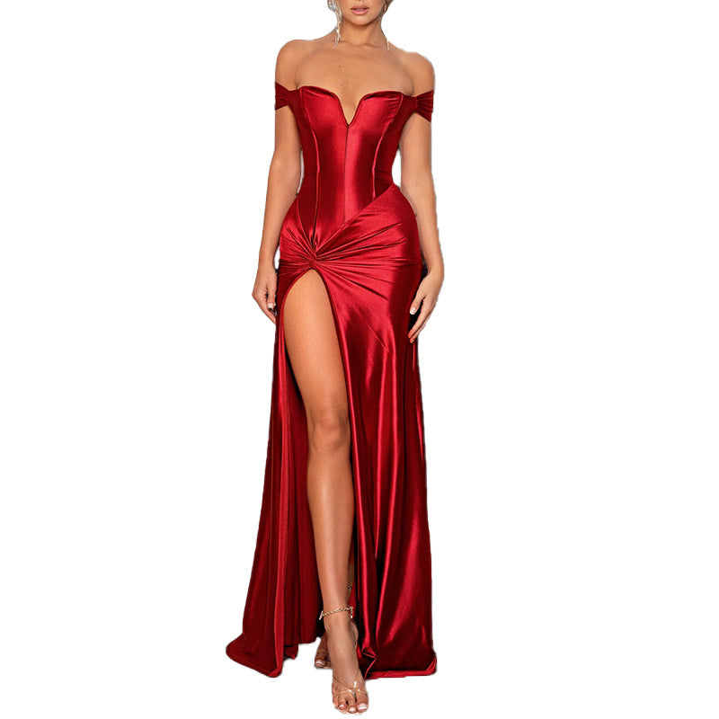 Damen elegantes Abendkleid mit schulterfreiem Design und hohem Schlitz EB