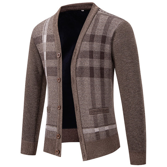 Herren stilvolle Strickjacke mit modernem Karomuster und praktischen Taschen EB