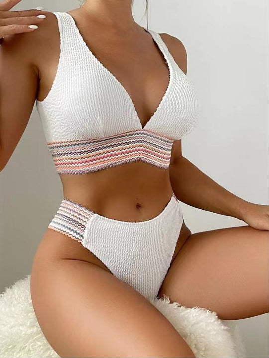 Damen Hochgeschnittener Bikini mit Wellenmuster EB