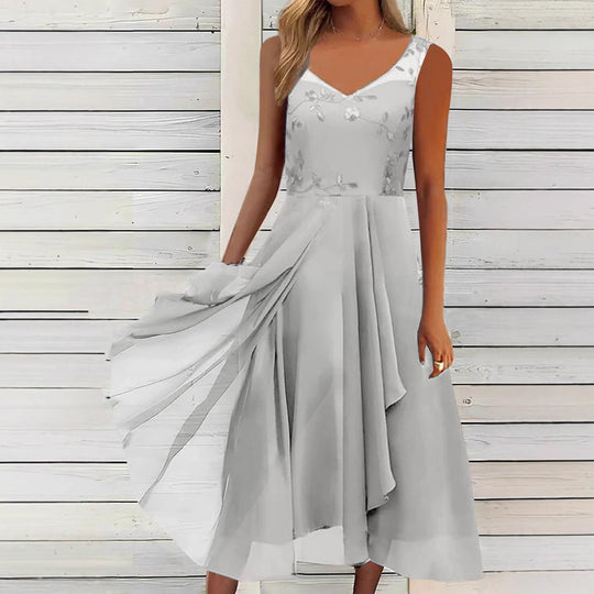 Damen nan A-Linien-Chiffonkleid mit floralem Stickoberteil, V-Ausschnitt, drapiertem Godet-Schwung und verdeckten Seitentaschen EB