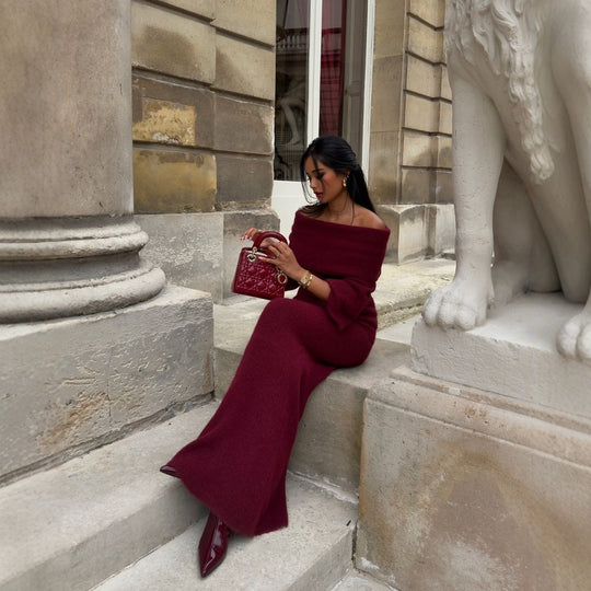 Damen Strick-Maxikleid mit Off-Shoulder-Ausschnitt und voluminösen Ärmeln EB
