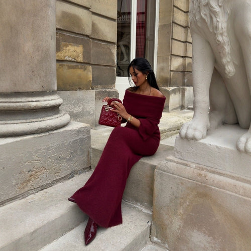 Damen Strick-Maxikleid mit Off-Shoulder-Ausschnitt und voluminösen Ärmeln EB