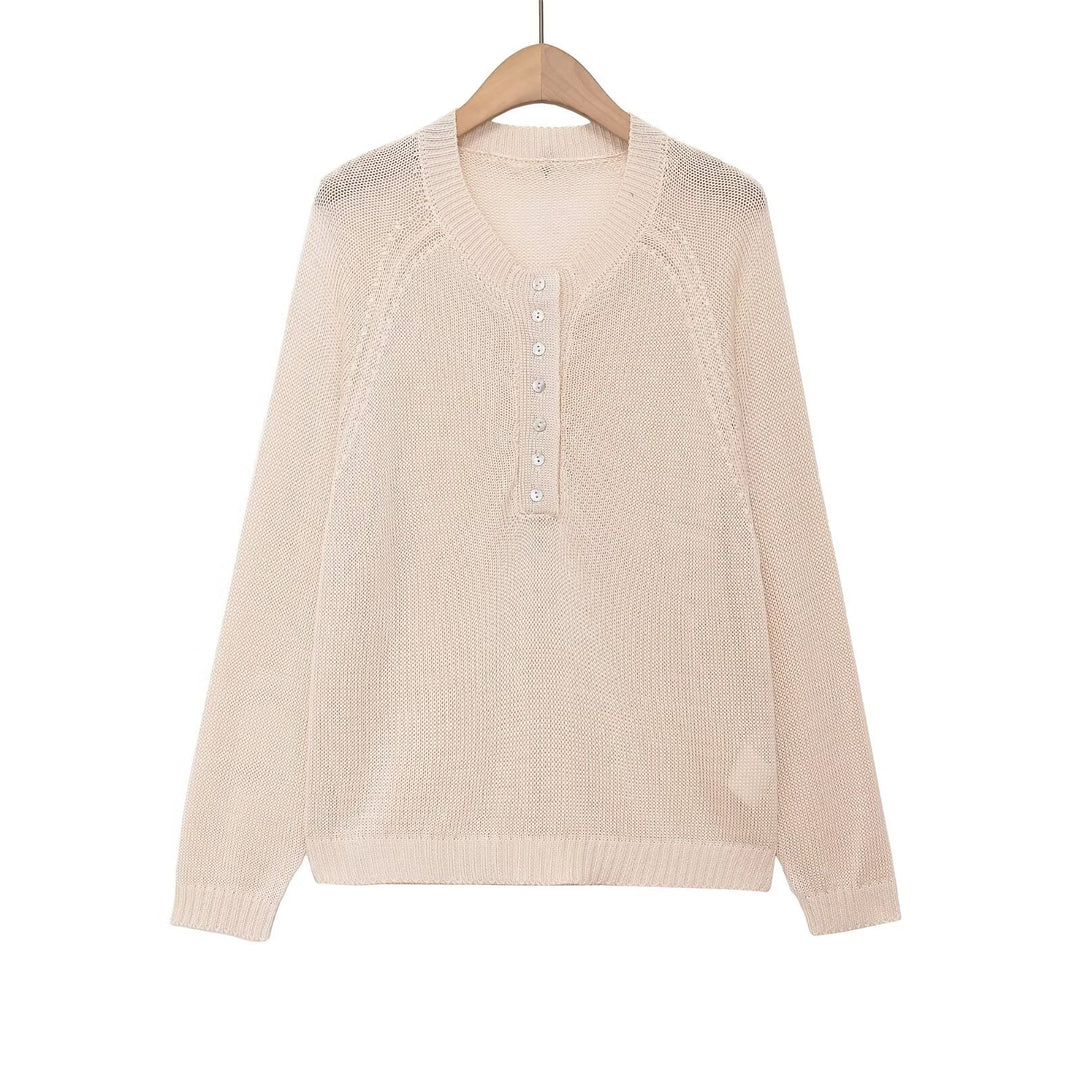 Damen nan Feinstrick-Henley-Pullover mit Knopfleiste und Raglanärmeln EB