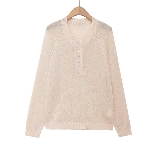 Damen nan Feinstrick-Henley-Pullover mit Knopfleiste und Raglanärmeln EB