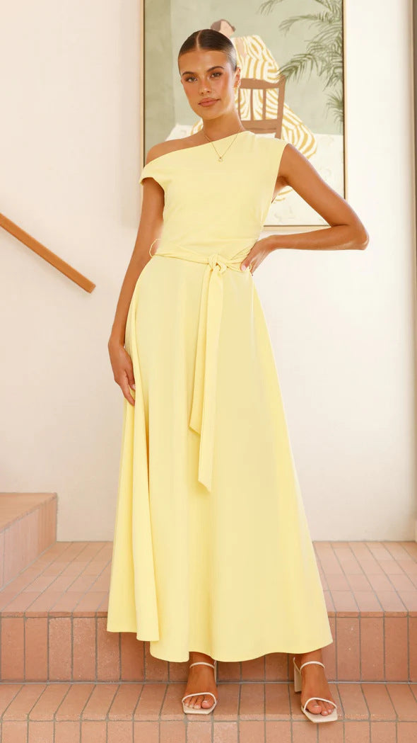 Damen Maxikleid mit schickem asymmetrischen Ausschnitt und eleganter Schleife EB