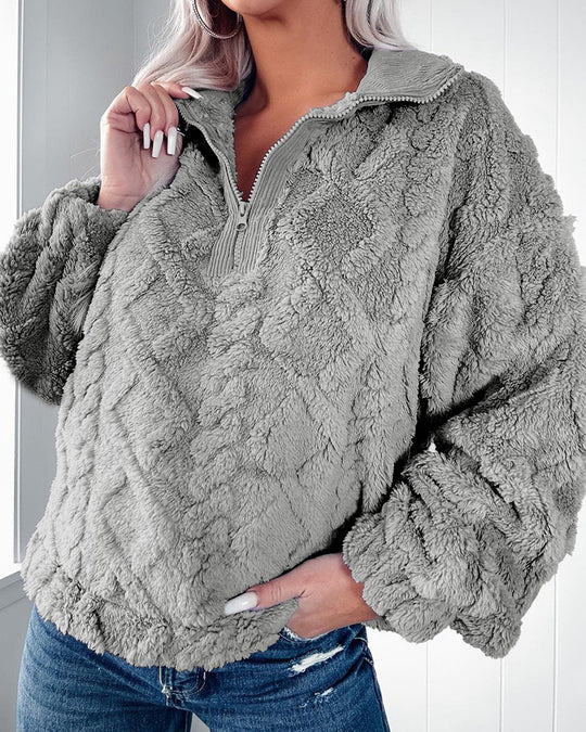 Damen kuschelige Fleece-Pulloverjacke mit Reißverschluss und weiten Ärmeln EB