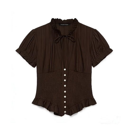 Damen Rüschenbluse mit geschlitztem Kragen und Knopfdetails EB