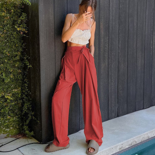 Damen Weit geschnittene High-Waist-Hose mit Bindeband und schickem Faltenwurf EB