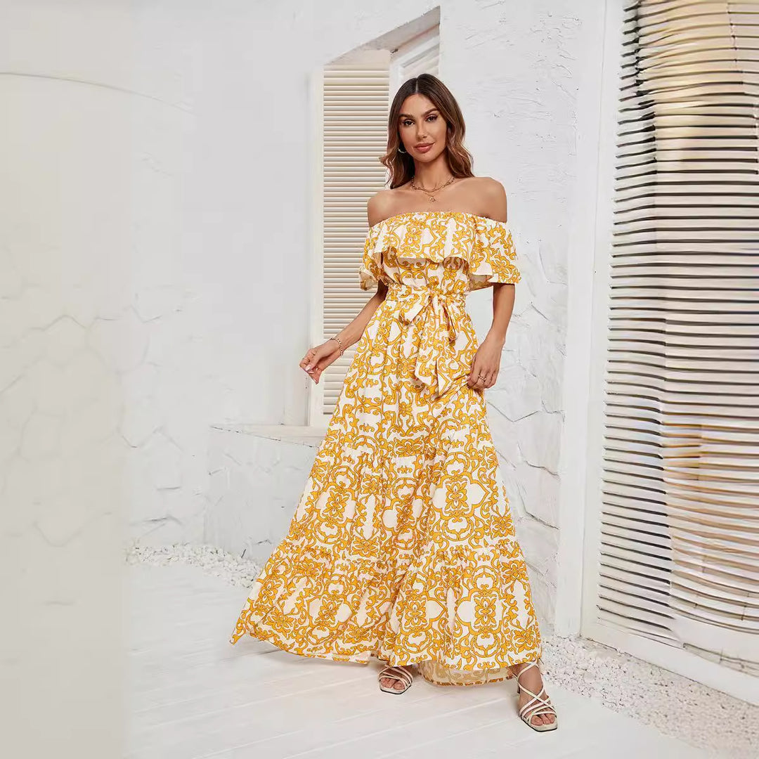 Damen Maxikleid mit schulterfreiem Design, frischem Blätterdruck und elastischer Taillierung EB