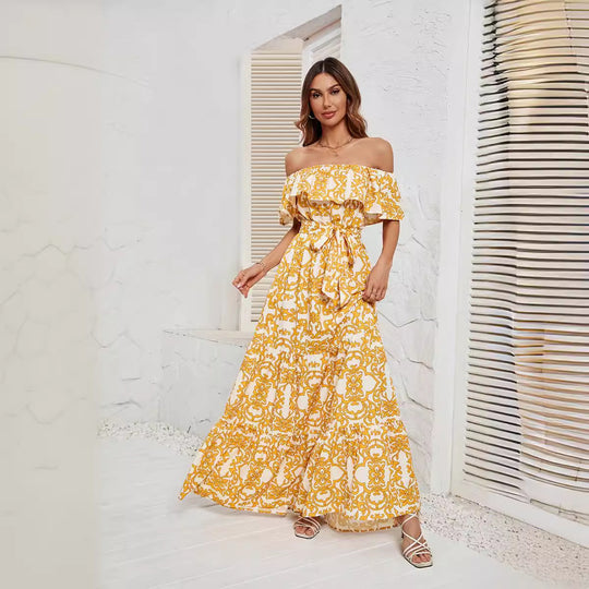 Damen Maxikleid mit schulterfreiem Design, frischem Blätterdruck und elastischer Taillierung EB