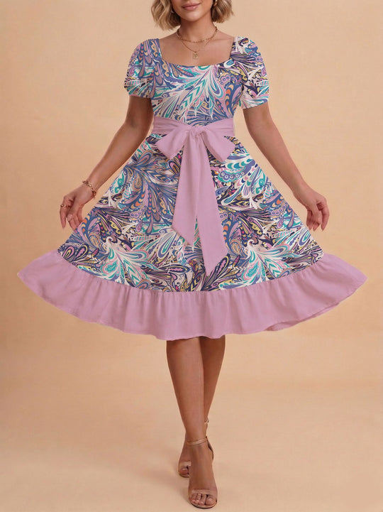 Damen Retro Maxikleid mit Puffärmeln und Taillengürtel EB