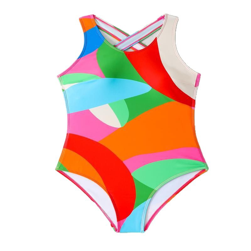 Damen Einteiliger Badeanzug mit buntem geometrischen Muster und hohem Beinausschnitt EB