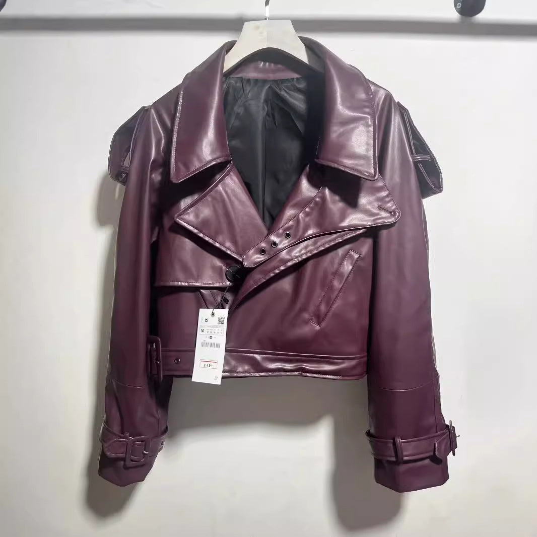 Damen coole cropped Kunstlederjacke mit asymmetrischem Kragen und modischem Design EB