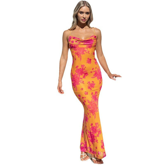 Damen Maxikleid mit floralen Akzenten und elegantem Wasserfall-Ausschnitt EB