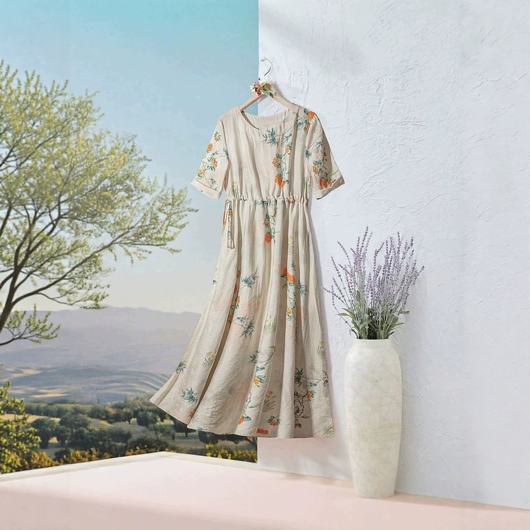 Damen Langarm Maxi-Kleid mit floralem Design und elastischem Bund EB