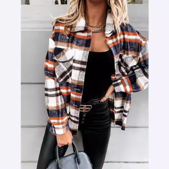 Damen Übergröße Karo-Hemdjacke aus weichem Stoff mit Druckknöpfen EB