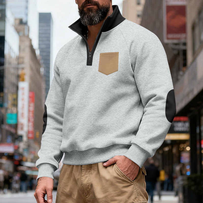 Herren nan Quarterzip-Sweatshirt mit Stehkragen, kontrastiertem Reißverschluss, Ellbogenpatches und Brusttasche EB
