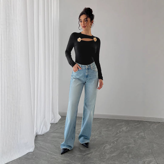 Damen Elegantes Langarm-Bodysuit mit raffinierten Ausschnitten EB
