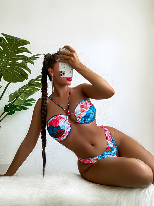 Damen Eleganter Blumen-Bikini mit Raffungen EB