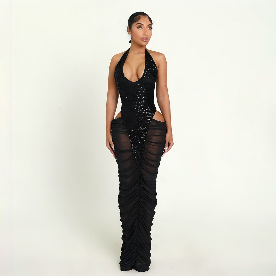 Damen Glamouröses Abendkleid mit Pailletten und Raffungen EB