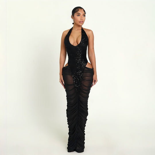 Damen Glamouröses Abendkleid mit Pailletten und Raffungen EB