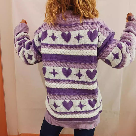 Damen Grobstrickpullover mit verspieltem Herzmuster und Zopfdetails EB