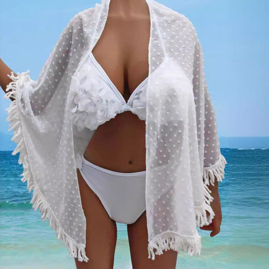 Damen transparenter Strandüberwurf mit verspielten Fransen EB