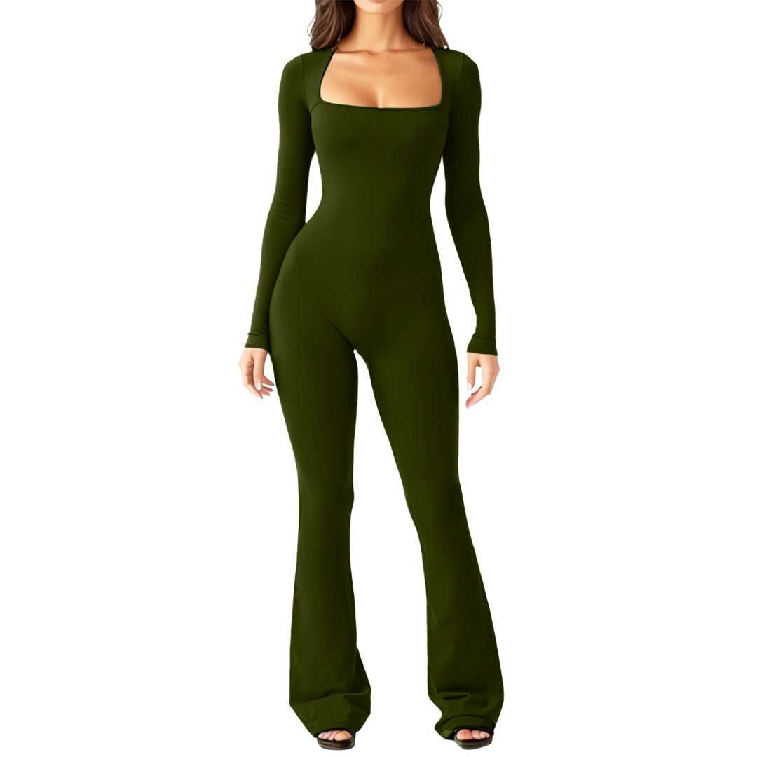 Damen Eleganter Langarm-Jumpsuit mit weitem Bein und tiefem Ausschnitt EB