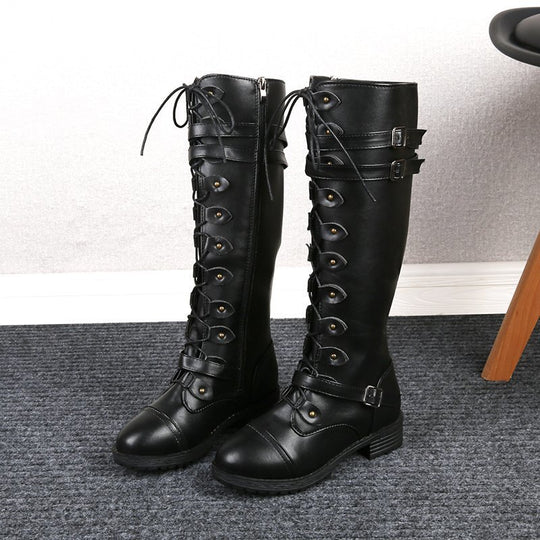 Damen  kniehohe Schnürstiefel mit seitlichem Reißverschluss, verstellbaren Zierriemen und profilierter Gummisohle EB