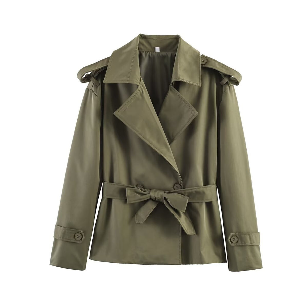 Damen nan kurzer taillierter Trenchcoat mit Bindegürtel, großem Revers und Manschettenriegel EB