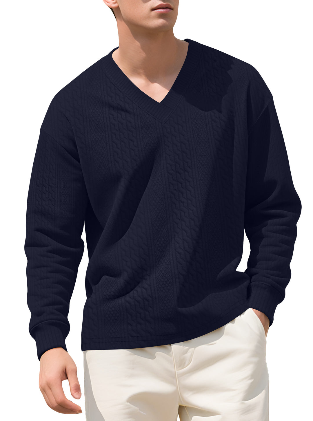 Herren nan strukturierter V-Ausschnitt Strickpullover mit Kabel- und Wabenmuster EB