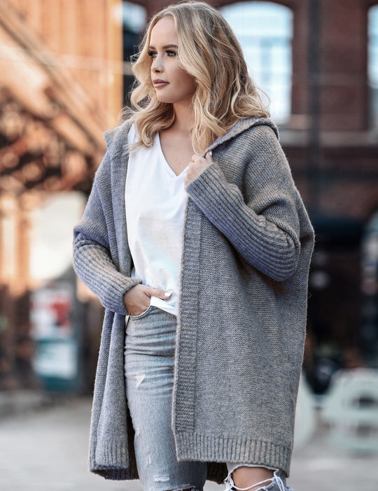 Damen lässiger Strickcardigan mit Kapuze und weiten Ärmeln EB