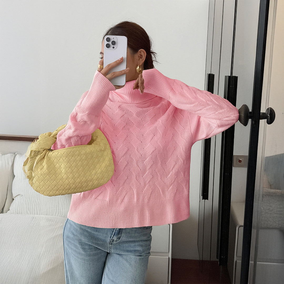 Damen nan grobstrick Rollkragenpullover mit Zopfstruktur, oversized Schnitt und längeren Ärmeln EB