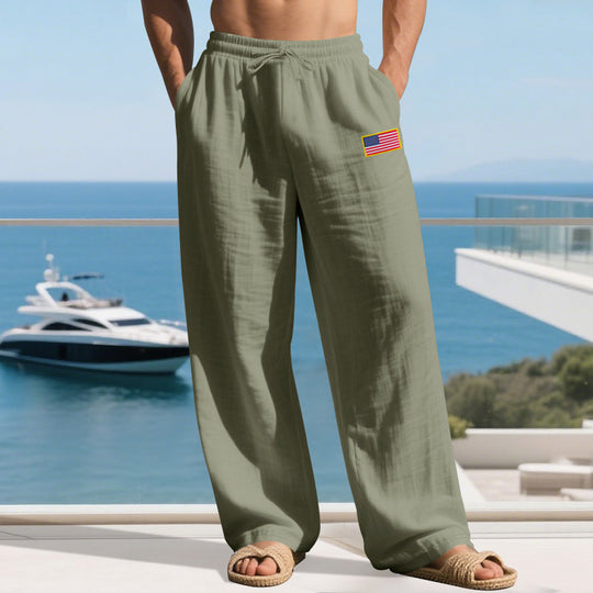Herren nan lässige Leichtgewicht-Loungehose mit Tunnelzugbund, weitem Bein und Flaggen-Patch EB