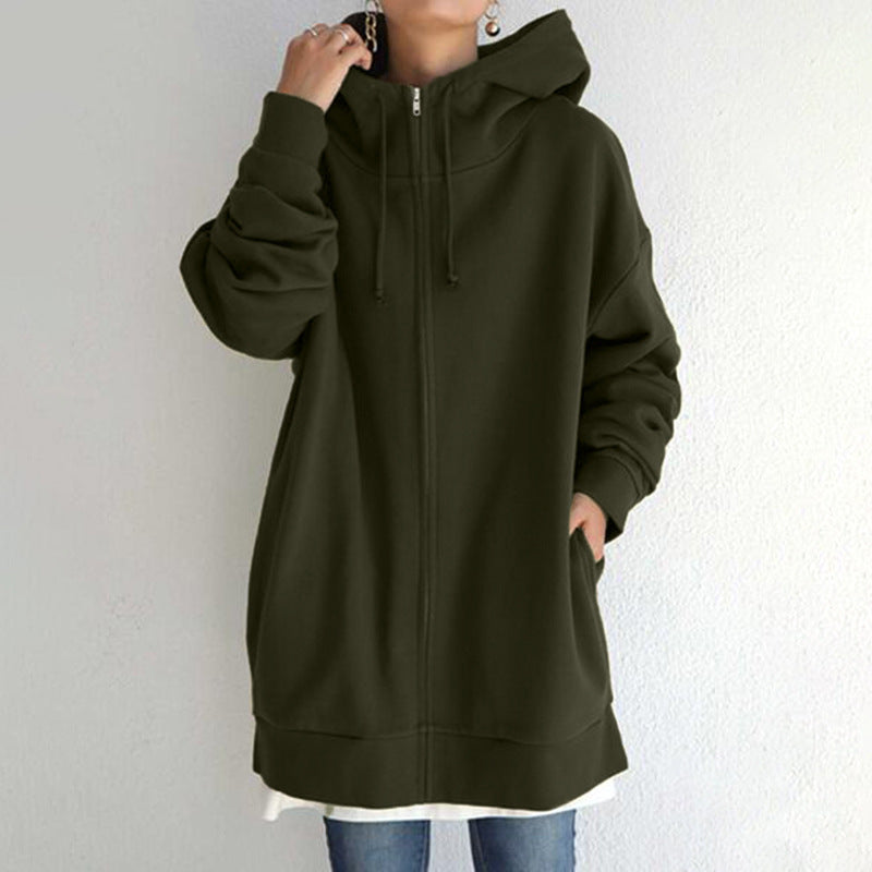 Damen nan oversized Kapuzenlongpullover mit Reißverschluss und Eingrifftaschen EB