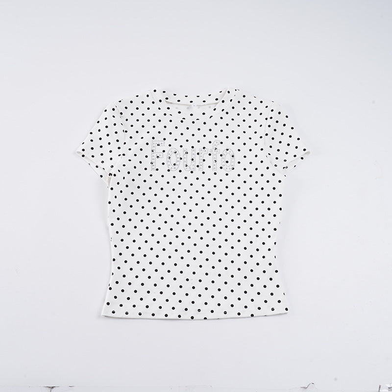 Damen Trendiges Kurzarm-Top mit Pünktchenmuster und glitzerndem Schriftzug EB